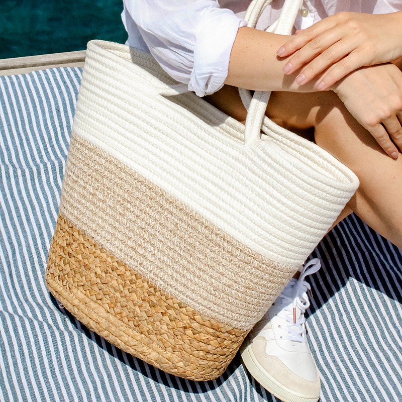 Sac de plage en paille et jute à dégradé blanc cassé - Nina Casari