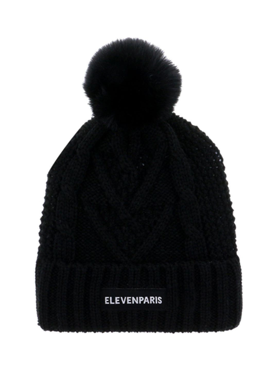 Bonnet à pompon en maille torsadée noir - Eleven Paris
