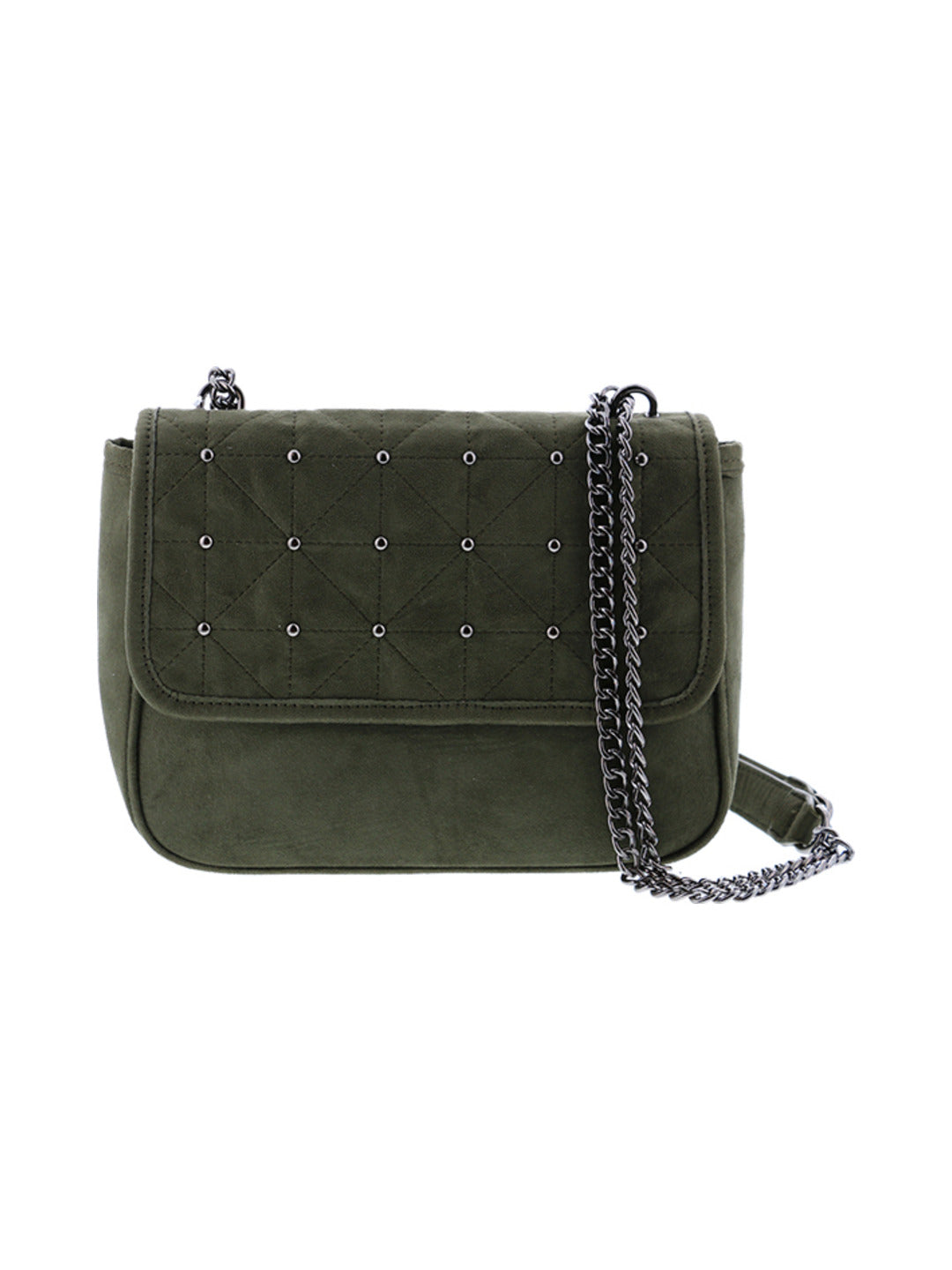 Sac bandoulière en suédine avec chaîne et rivet gunmetal kaki - Nina Casari
