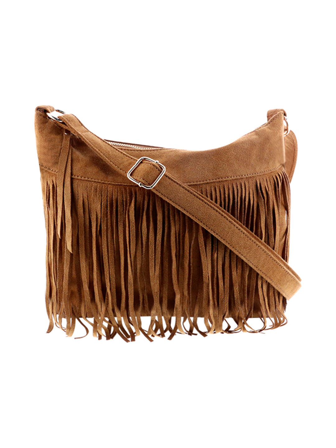 Sac bandoulière en suedine avec franges camel - Nina Casari