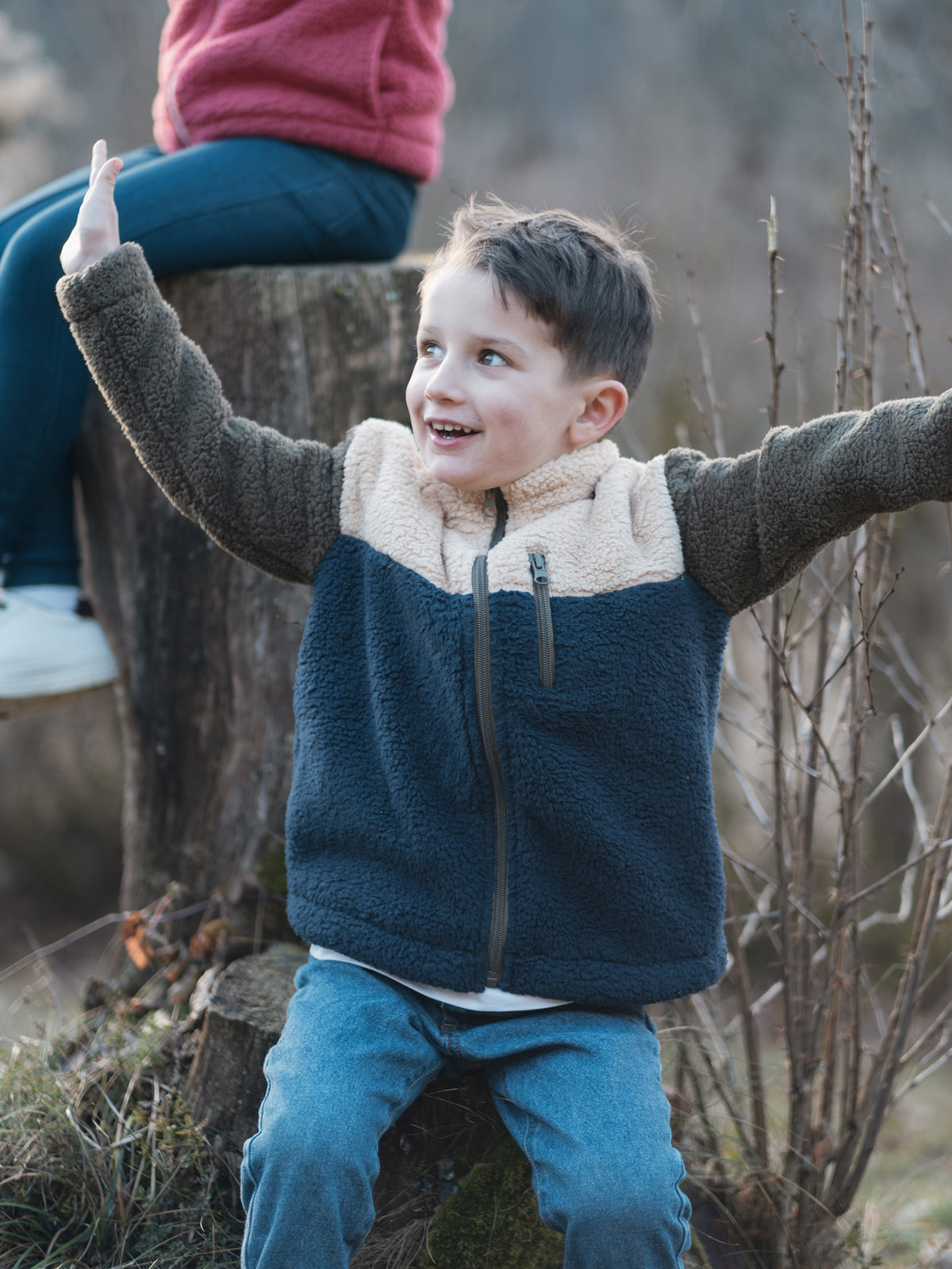 Veste polaire sherpa tricolore bleu marine, kaki et beige - Little Jack