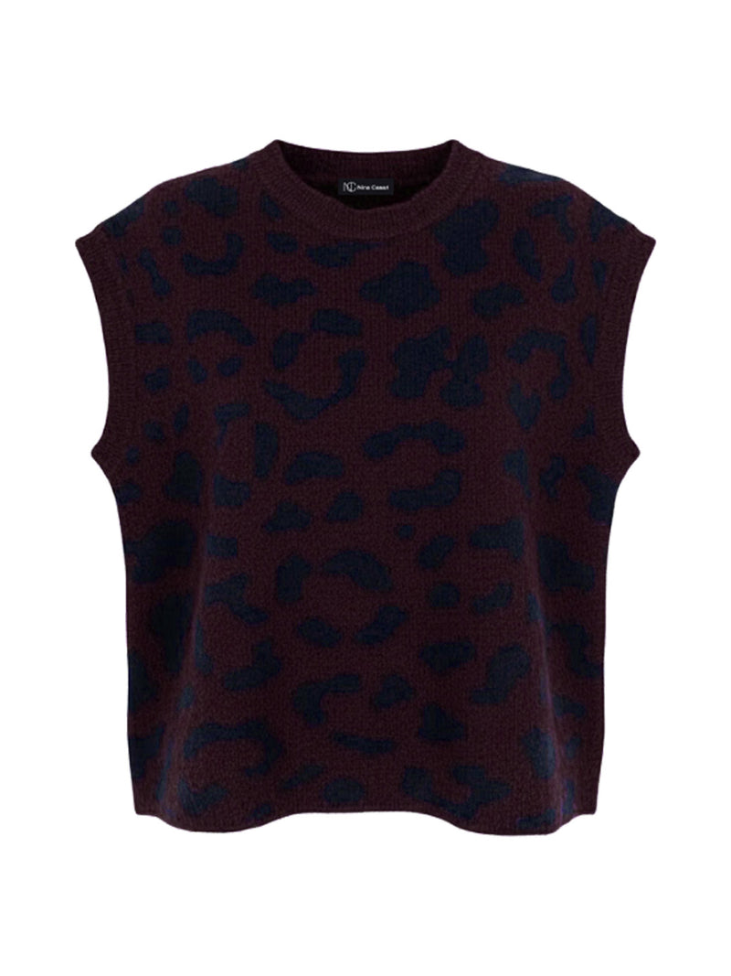 Pull sans manches en maille bordeaux motif léopard marine - Nina Casari