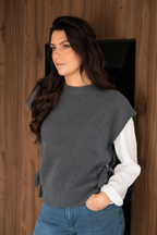 Pull sans manches en maille côtelée gris chiné à col cheminée - Rodier